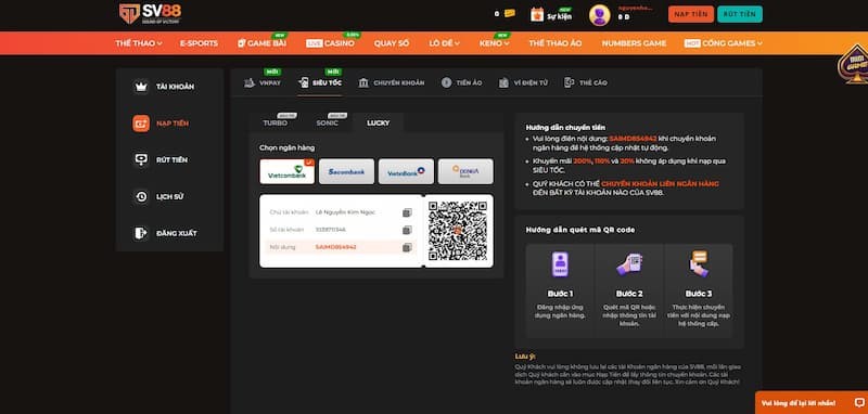 Các cổng giao dịch nạp tiền tại SV88