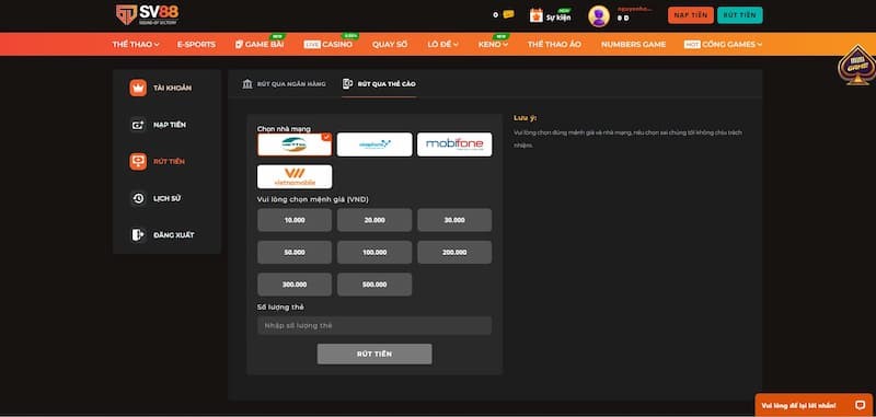 Các phương thức rút tiền tại nhà cái SV88