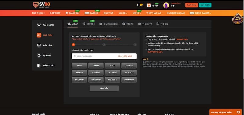 Nạp tiền SV88 với 3 bước thực hiện trong 1 phút